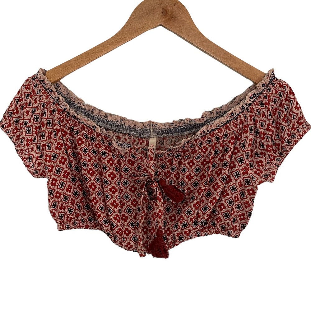 Raga Boho Off The Shoulder Geometric‎ Floral Pattern Tassel Tie Detailing Small